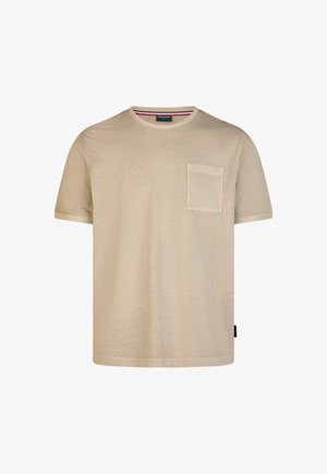 T-shirt beige a maniche corte con scollo rotondo e una tasca sul petto, esposto su sfondo bianco.