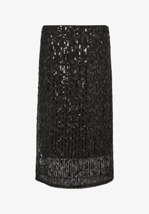 Czarna spódnica z cekinami o dopasowanym kroju, prostym fasonie, błyszczącej fakturze i przezroczystym wykończeniu na dole.
