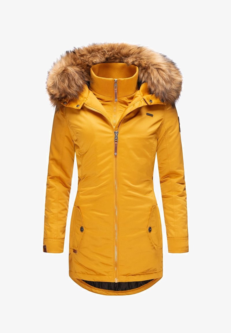 Yellow insulated parka with faux fur trim, high collar, zip and button closures, two front pockets, and a slightly curved hem.