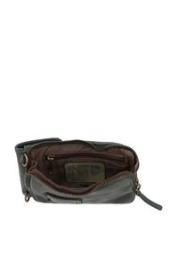 Green leather bag with a zipper closure, featuring a brown fabric interior and a small zippered pocket. Includes decorative stitching and hardware.