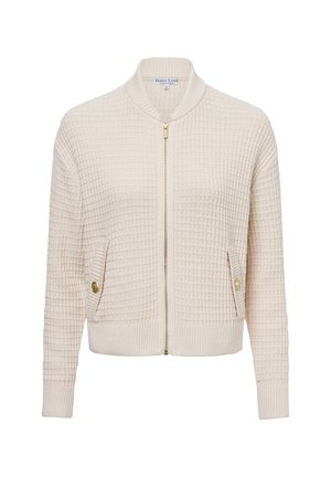 Cremefarbener Cardigan mit Waffelstruktur, mit Reißverschluss vorne, goldenen Beschlägen und seitlichen Taschen mit Knopfdetails. Rippbündchen und Saum.