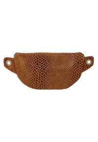 Brown snake-patterned pouch with a textured exterior, featuring two side loops and a zip closure on the top.