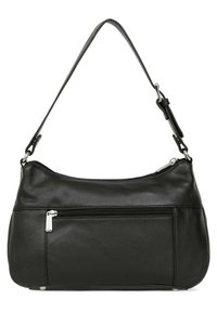 Borsa a spalla in pelle nera con forma curvata, chiusura con zip superiore, tasca frontale con zip e tracolla regolabile. Sono presenti accenti in hardware argentato.