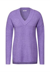 Pull-over en V à manches longues en violet clair. Présente une texture côtelée et des fentes sur les côtés pour un détail supplémentaire. Tissu en maille douce.