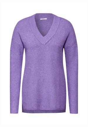 Maglione a maniche lunghe con scollo a V in lilla chiaro. Presenta una texture a coste e spacchi laterali per un dettaglio in più. Tessuto a maglia morbida.