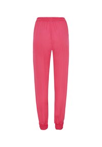 Pantaloni rosa con cintura elastica e gambe tapered. Realizzati in tessuto liscio, presentano dettagli arricciati ai polsini delle caviglie e un retro dritto.