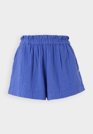 Blaue Baumwollshorts mit elastischem Bund und Seitentaschen, aus strukturiertem Material und mit lockerem Schnitt.