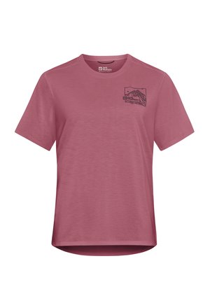 T-shirt rose à manches courtes en tissu doux. Présente un petit graphique de montagne et un logo sur le côté supérieur gauche. Encolure ronde.