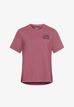 T-shirt rose à manches courtes en tissu doux. Présente un petit graphique de montagne et un logo sur le côté supérieur gauche. Encolure ronde.