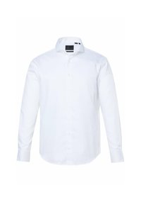 Bílá košile s dlouhým rukávem vyrobená z hladké tkaniny, která má límec na knoflíky a klasický střih. Obsahuje knoflíky vpředu a akcenty na manžetách.