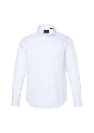 Bílá košile s dlouhým rukávem vyrobená z hladké tkaniny, která má límec na knoflíky a klasický střih. Obsahuje knoflíky vpředu a akcenty na manžetách.