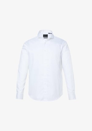 Valkoinen pitkähihaisen paita, joka on valmistettu tasapintaisesta kankaasta. Siinä on nappikaulus ja normaali malli. Edessä on napit ja hihansuita korostavat yksityiskohdat.