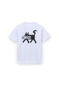 White cotton T-shirt featuring a black graphic of a cat with its tail raised, holding a sign that reads "Not Today" on the back.