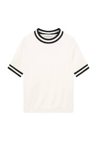 Short-sleeve, white t-shirt with a round neck, featuring black stripes on the collar and sleeves. Made of smooth fabric with a relaxed fit.