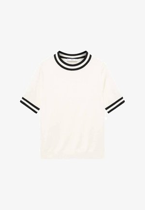 Short-sleeve, white t-shirt with a round neck, featuring black stripes on the collar and sleeves. Made of smooth fabric with a relaxed fit.