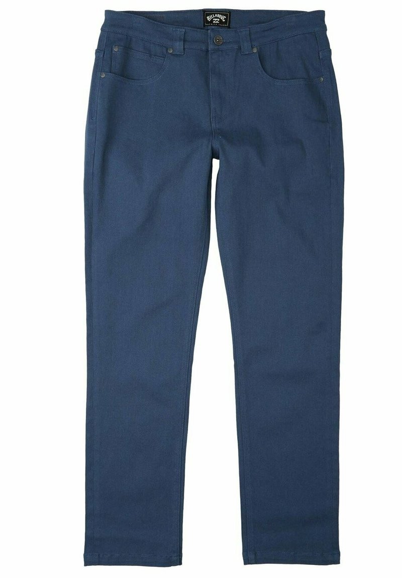 Blue denim pants with a straight-leg design. Features include five pockets, front button closure, and a waistband tag. Smooth texture.