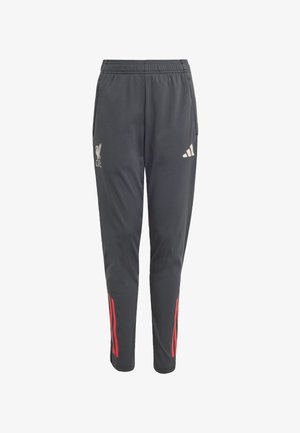Donkergrijze sportbroek met elastische tailleband, zijzakken, wit Liverpool FC-logo en rode streepaccenten langs de pijpen.
