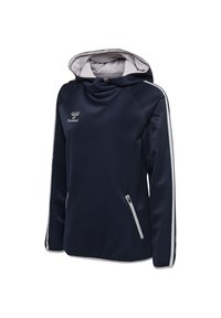 Felpa con cappuccio blu navy, con un collo curvo, strisce laterali bianche, tasche con zip e una finitura in tessuto morbido e testurizzato.