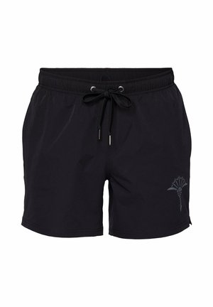 Schwarze Badeshorts aus leichtem Stoff, mit einem elastischen Bund und einem Kordelzug sowie einem grafischen Logo auf der unteren linken Seite.