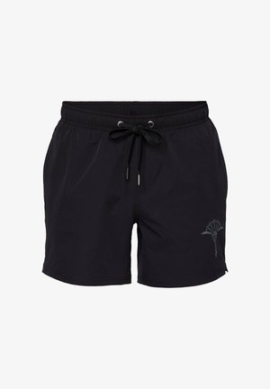 Schwarze Badeshorts aus leichtem Stoff, mit einem elastischen Bund und einem Kordelzug sowie einem grafischen Logo auf der unteren linken Seite.