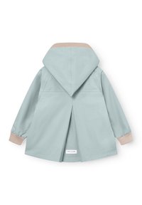 Svetlo modra otroška neprepustna jakna z ruto in kapuco, bež rebrasti manšeti in ovratnikom ter detajlom na zadnjem razporku.