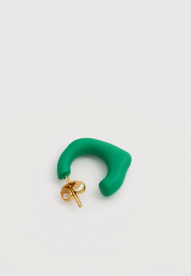 Small green hoop earring with a gold post and butterfly back on a white background.