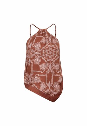Top marrone senza maniche con collo all'americana, motivo bandana bianco paisley e floreale e orlo asimmetrico.