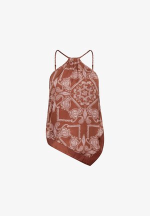 Top marrone senza maniche con collo all'americana, motivo bandana bianco paisley e floreale e orlo asimmetrico.