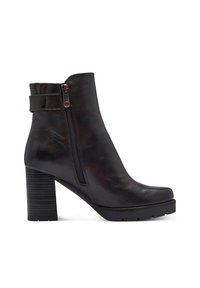 Bottines en cuir marron avec une fermeture éclair, un épais talon noir et une plateforme surélevée. Présente un détail de sangle au niveau de la cheville.