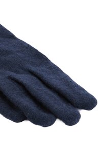 Gants en laine bleu marine à cinq doigts, présentant une texture douce et une coupe ajustée, adaptés à une utilisation par temps froid.