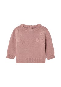 Kinder-Pullover in Pink mit Rundhalsausschnitt, langen Ärmeln und floralen Stickereien auf der Vorderseite. Weicher Stoff, gerippte Bündchen und Saum.