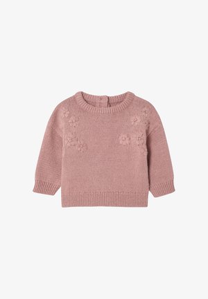 Kinder-Pullover in Pink mit Rundhalsausschnitt, langen Ärmeln und floralen Stickereien auf der Vorderseite. Weicher Stoff, gerippte Bündchen und Saum.