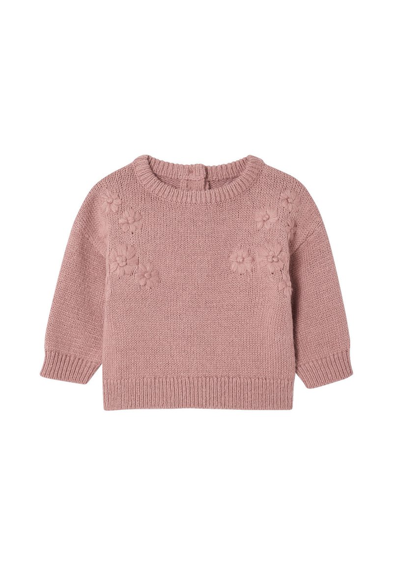 Kinder-Pullover in Pink mit Rundhalsausschnitt, langen Ärmeln und floralen Stickereien auf der Vorderseite. Weicher Stoff, gerippte Bündchen und Saum.