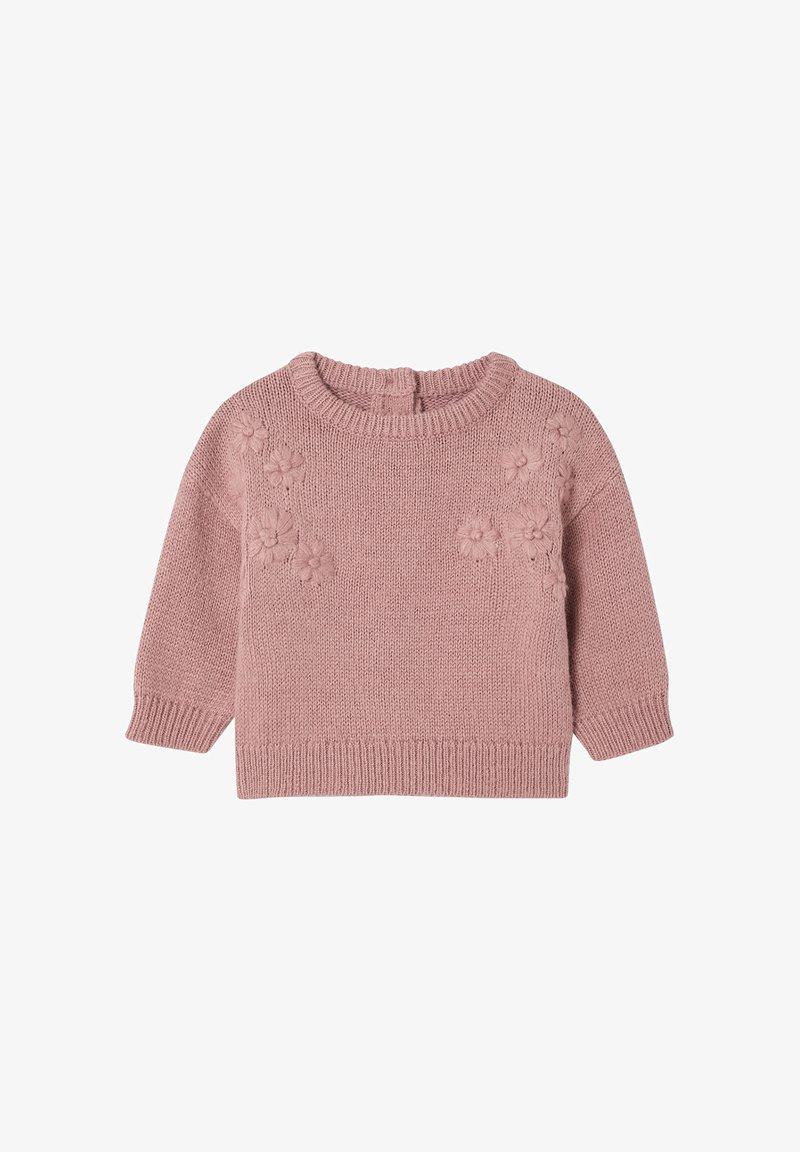 Kinder-Pullover in Pink mit Rundhalsausschnitt, langen Ärmeln und floralen Stickereien auf der Vorderseite. Weicher Stoff, gerippte Bündchen und Saum.