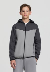 Felpa grigia con zip e dettagli neri, dotata di cappuccio, design a pannelli a contrasto e due tasche laterali. Tessuto morbido, vestibilità casual.