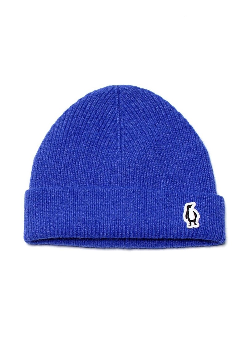Blau gestrickte Mütze mit umgeschlagenem Bündchen, aus weichem Material; verfügt über ein kleines schwarz-weißes Pinguin-Logo-Patch an der Seite.
