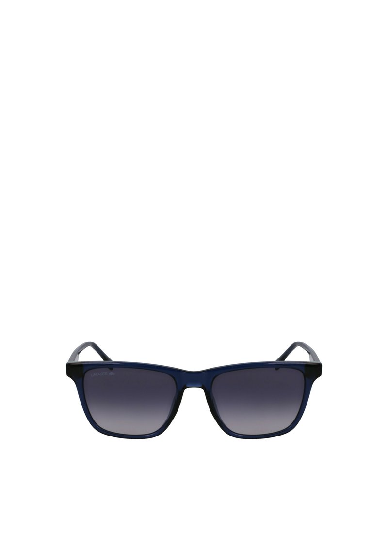 Sunglasses with a rectangular frame, dark blue plastic material, and gradient gray lenses. Features subtle branding on the frame.