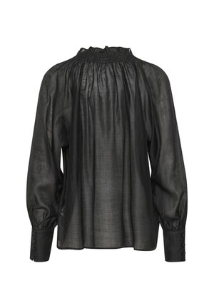 Czarna, przezroczysta bluzka z marszczonym dekoltem, długimi rękawami i zapinanymi mankietami. Charakteryzuje się luźnym krojem i subtelną fakturą.