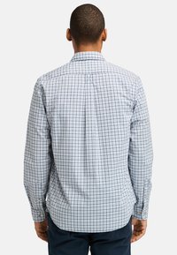 Blauw-wit geblokt overhemd met lange mouwen, knoopsplits en een kraag, met een rugplooitje en een afgeronde zoom.