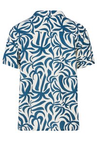 Camisa de manga corta con un patrón botánico en azul y blanco, hecha de una tela ligera con un collar clásico y un corte relajado.