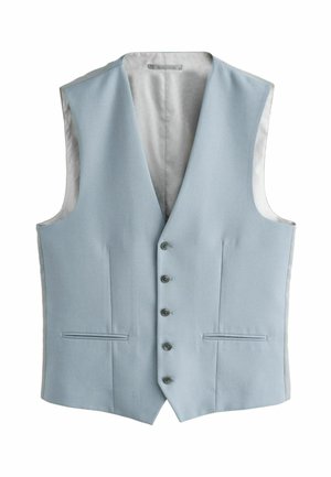 Light blue waistcoat made of textured fabric, featuring a deep V-neck, five button closure, and two front pockets with smooth lining.
