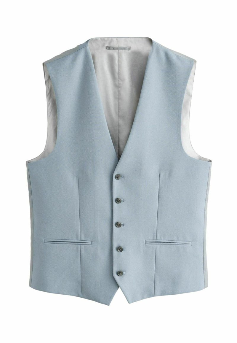 Gilet bleu clair en tissu texturé, avec un col en V profond, une fermeture à cinq boutons et deux poches avant avec doublure lisse.