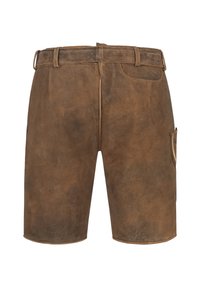 Brune lædershorts med en struktureret overflade, der har baglommer og en sidelomme, designet med bæltestropper og lynlås.