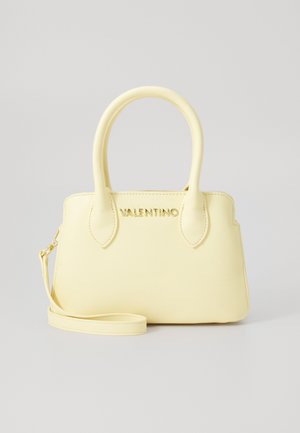 Geltona rankinė iš lygaus, tekstūruoto dirbtinio odos, su apvaliais rankenomis, nuimamu peties diržu ir iškilniu "VALENTINO" logotipu priekyje.
