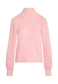 Lichtroze turtleneck trui gemaakt van zacht, fluffy materiaal. Heeft lange mouwen met een geribbelde zoom en opbollende schouders voor extra textuur.