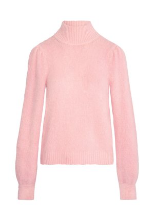 Lichtroze turtleneck trui gemaakt van zacht, fluffy materiaal. Heeft lange mouwen met een geribbelde zoom en opbollende schouders voor extra textuur.