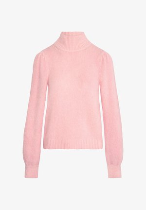Pull en col roulé rose clair en tissu doux et pelucheux. Doté de manches longues avec un ourlet côtelé et des épaules bouffantes pour plus de texture.
