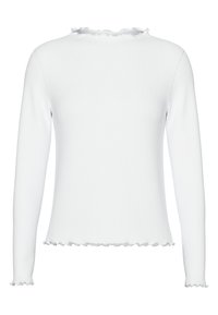 Biała bluzka z długim rękawem wykonana z prążkowanej tkaniny, z dekoltem i dołem wykończonym falbanką. Projekt obejmuje dopasowane rękawy oraz smukły fason.