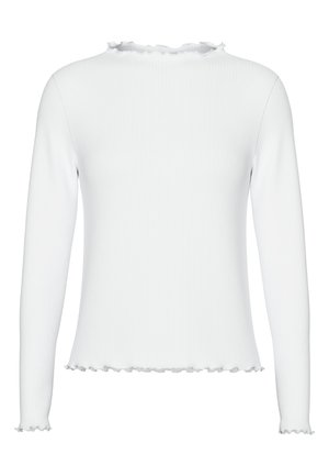 Hvid langærmet top lavet af ribbet stof, med en bølget halsudskæring og kant. Designet inkluderer tætsiddende ærmer og en slank pasform.