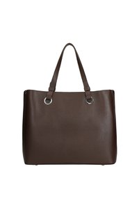 Borsa a tracolla in pelle marrone con superficie testurizzata, doppie maniglie superiori, hardware in argento e forma rettangolare strutturata.